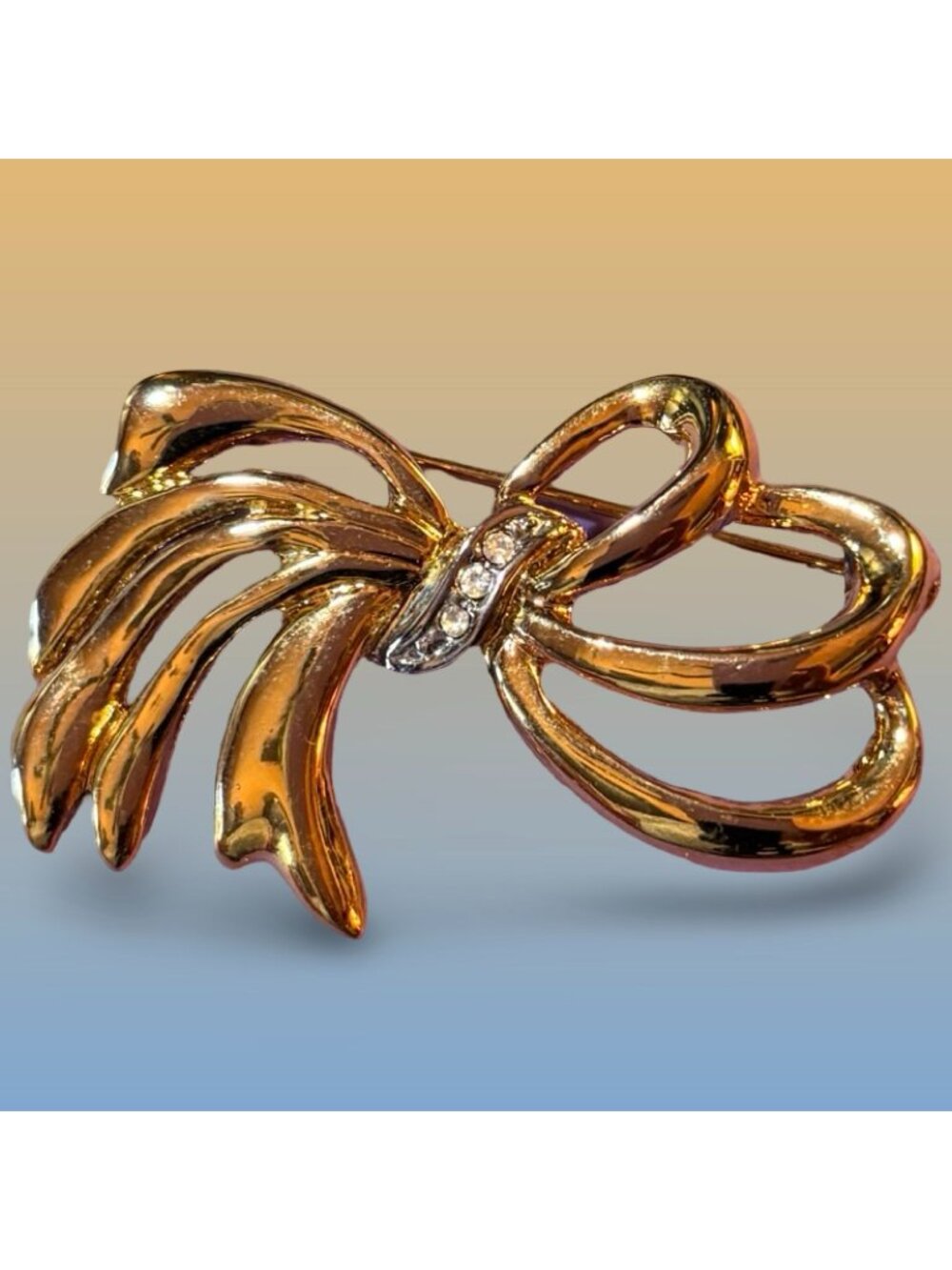 Gloria Vanderbilt-Tone Bow Brooch With Rhinestones Accent Pin Vintage Gift